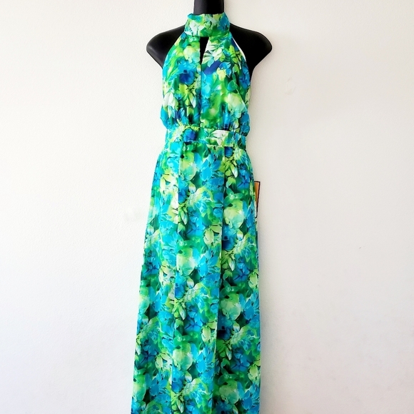Ella Samani Dresses & Skirts - Women's Ella Samani Blue Floral Halter Neck Slim Maxi Dress Size M